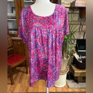 VIBRANT PINK & BLUE SHORT SLEEVE ABSTRACT PRINT EUC